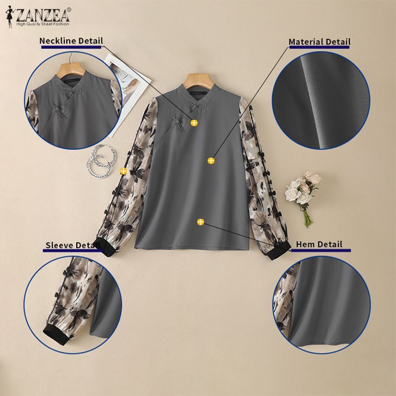 ZANZEA ผู้หญิงเกาหลีปกแขนยาวดอกไม้ Patchwork Bowtie เสื้อ — صورة 7