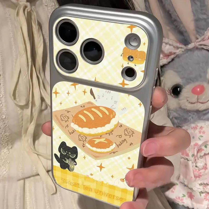 หนังเคสโทรศัพท์Electroplating HardขนมInsขนมปังแมวกันกระแทกเหมาะสําหรับiPhone 15PROMAX 16PRO 14PLUS 1