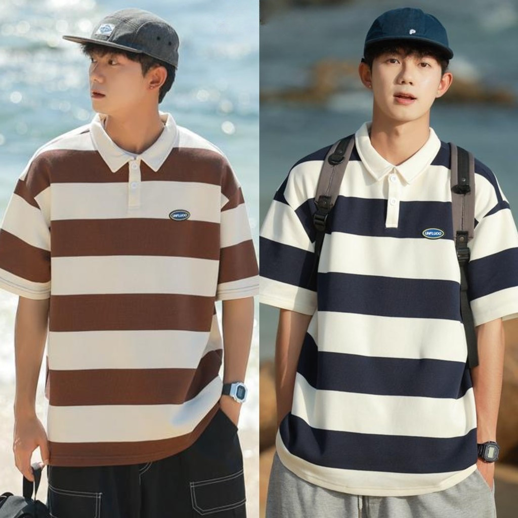 Chaistyle เสื้อโปโลผู้ชาย แบบหลวม แขนสั้นลายทาง เสื้อคอปก ชุดคู่รัก แมทช์ลุคง่าย แบบบาง