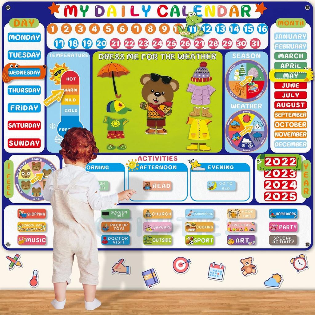 My Daily Calendar Felt Board สําหรับเด็กปฏิทินห้องเรียนก่อนวัยเรียน 3.5Ft Circle Time Learning Cente