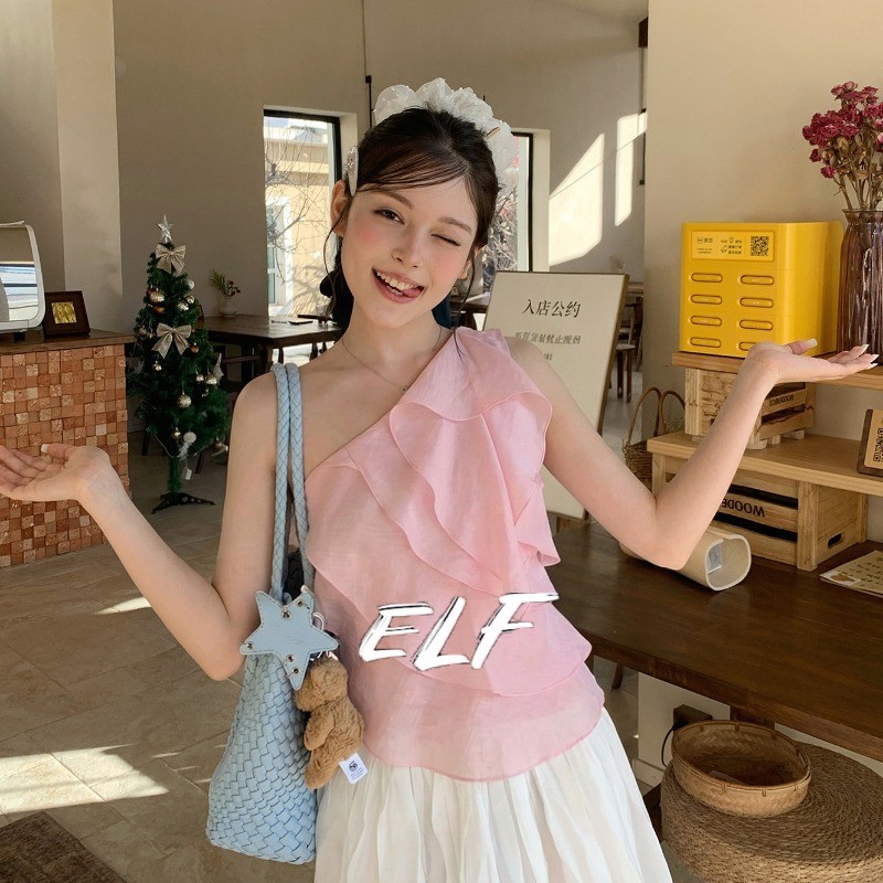 เสื้อกั๊กริบบิ้นสายสปาเก็ตตี้ไหล่เดียวนัวเนียหลายชั้นปิดไหล่ด้านบน