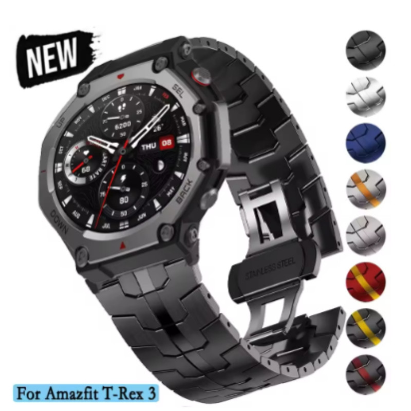 เหมาะสําหรับ Huami Amazfit T-Rex3 สายนาฬิกาสแตนเลส T-Rex3 สายรัดข้อมือสายเหล็กแข็ง Iron Man