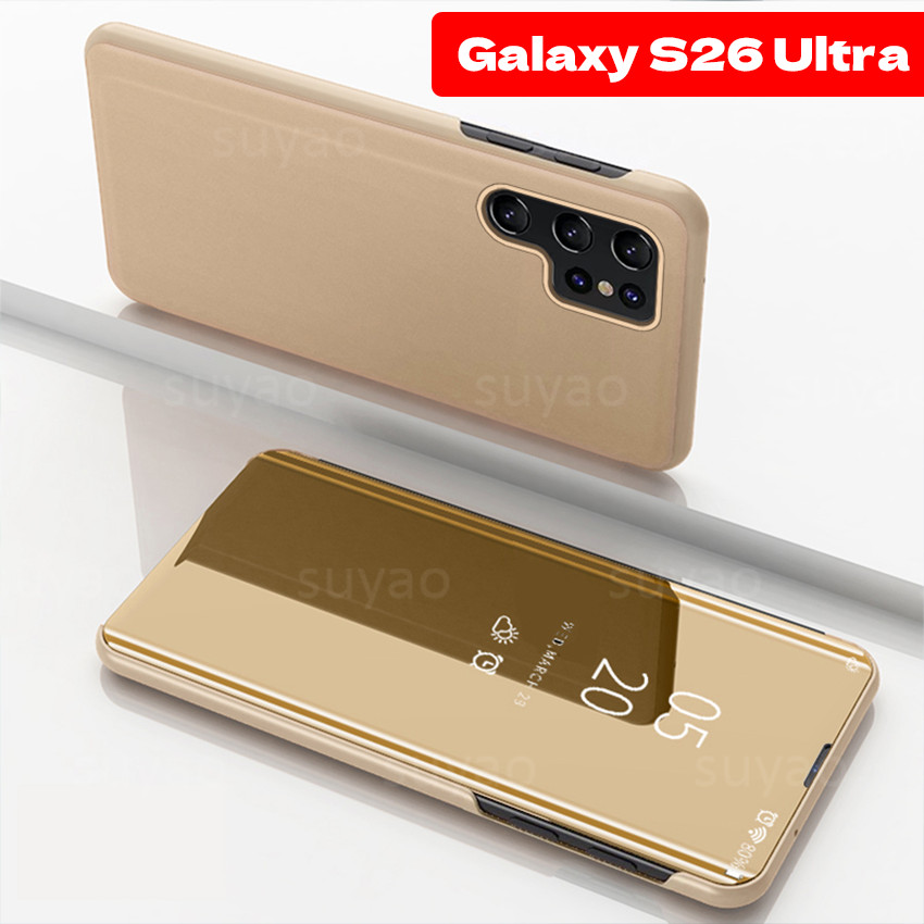 สําหรับ Samsung Galaxy S26 Ultra Plus เคสโทรศัพท์ชุบหนังผู้ถือหนังสือกระเป๋าสตางค์ป้องกันปลอก SamsungS26Ultra S26 + S25 FE S24 S23 Hard Magnetic Luxury Mirror Face Cover