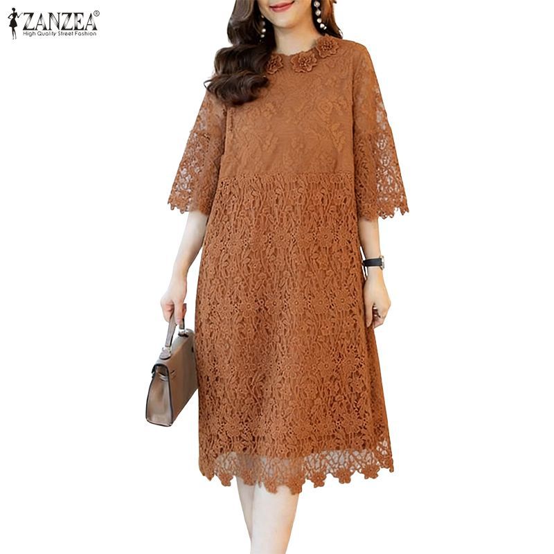 ZANZEA ชุดเดรสผู้หญิงสไตล์เกาหลีหรูหรา แขนสามส่วน Crochet ลายลูกไม้กลวง A-line ทรงหลวม สไตล์ดูหรูหราและสวมใส่ง่าย — صورة 6