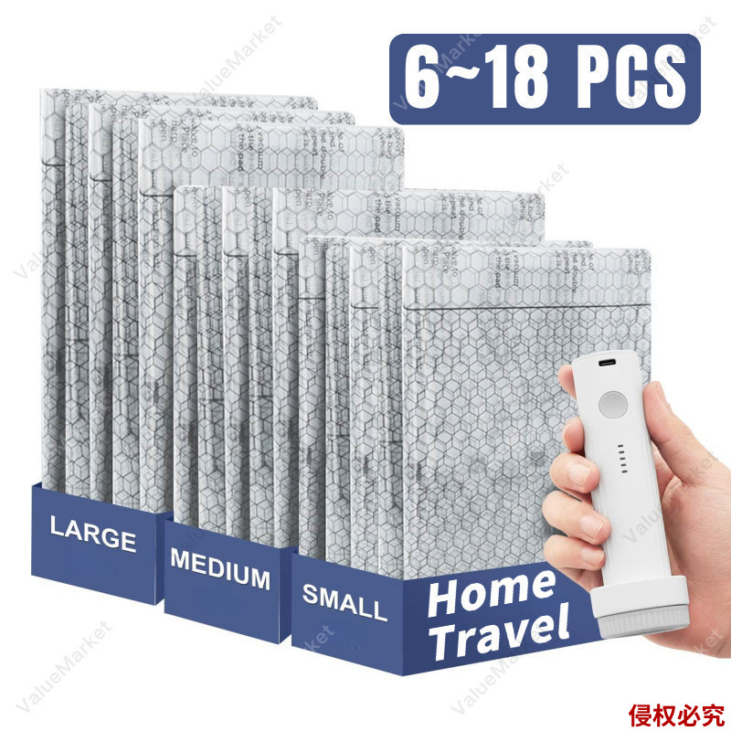 Space Saver ชุดถุงบีบอัดสูญญากาศสําหรับเดินทาง 3 ขนาด, ปั๊ม USB ไร้สายสําหรับกระเป๋าเดินทาง, ถุงบีบอัด Heavy Duty & กันน้ําสําหรับ Travel Essentials และเสื้อผ้า Organizer