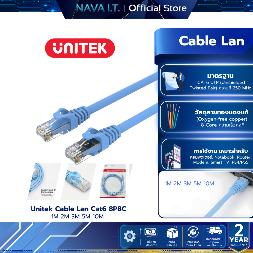 Unitek Cable Lan Cat6 8P8C พร้อมเข้าหัว RJ45 1/2/3/5/10M