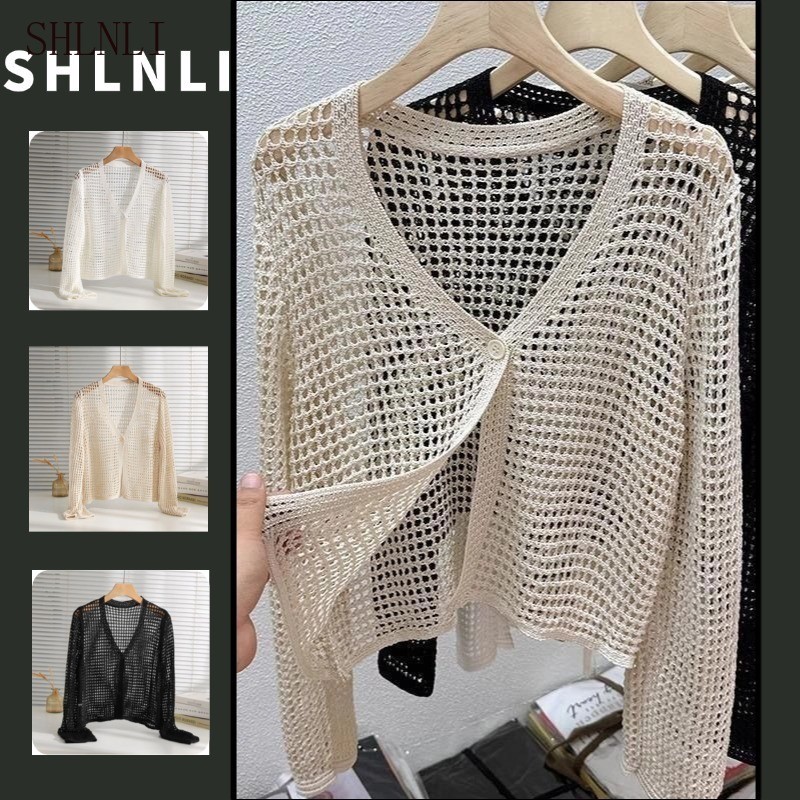 เสื้อผู้หญิงแบบคอวีถักกลวงสำหรับฤดูใบไม้ผลิ/ร้อน มาพร้อมเทคโนโลยีกันแดด