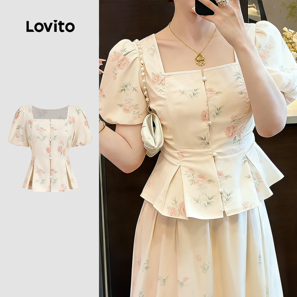 เสื้อเชิ้ตพิมพ์ลายคอสี่เหลี่ยมพัฟ-BLB184P2D243