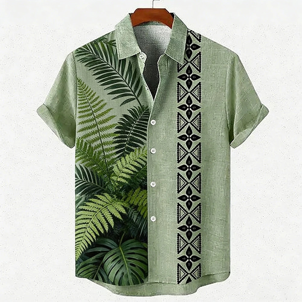 เสื้อเชิ้ตแขนสั้นสีเขียวใหม่ ลายต้นมะพร้าว สำหรับวันหยุดและสวมใส่งานสังคมกลางแจ้ง