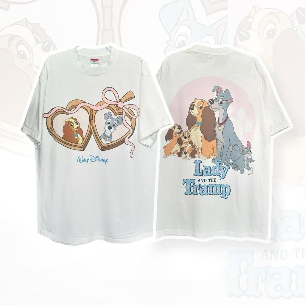 เสื้อยืดแฟชั่นเกาหลีสำหรับผู้หญิง ทำจากคอตตอน 100% คอวงกลม ทรงหลวม พร้อมลายพิมพ์ lady and the tramp น่ารัก +88