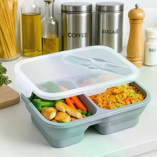【SayTH✨1-3 วัน】กล่องข้าวซิลิโคน แบบพับได้ และ 2 ช่อง พร้อมช้อน กล่องข้าวพกพา lunch box