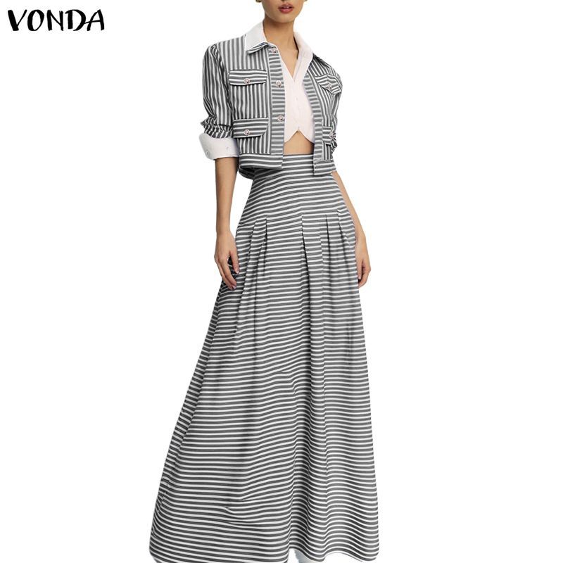 VONDA ชุดลำลองผู้หญิงสไตล์เกาหลี ออกแบบเป็นรูปตัว H มีลายและกระเป๋าด้านบน พร้อมกระโปรงทอรวมเป็นชุดสองชิ้น