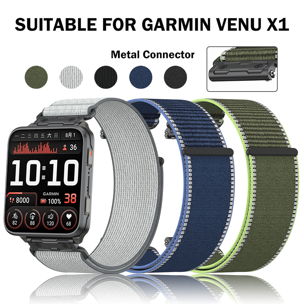 24 มม.ไนลอน Hook-and-Loop สําหรับ Garmin Venu X1 โลหะเชื่อมต่อ Breathable กีฬาเปลี่ยนสายรัดข้อมือ