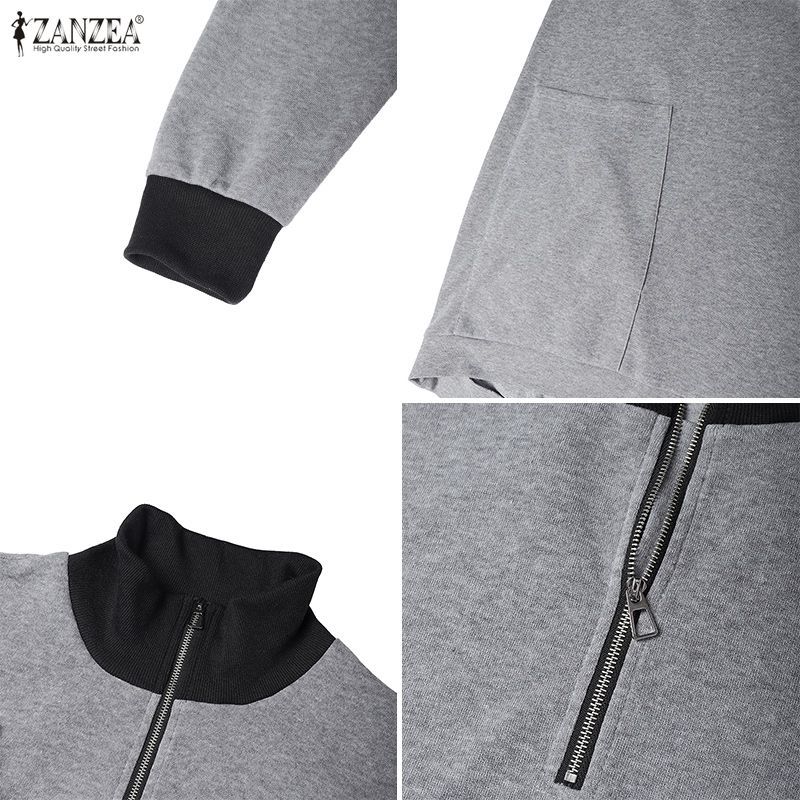 ZANZEA ชุดเดรสสเวตเตอร์คอสูงแขนยาว สไตล์เกาหลี ดีไซน์ patchwork และซิป — صورة 8
