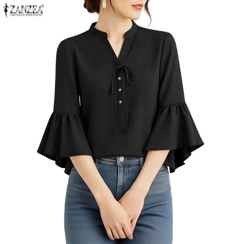 ZANZEA เสื้อแฟชันเกาหลีสำหรับผู้หญิง ออกแบบทรง V คอ สไตน์แขนระบายและโบว์คล้องเนคไท