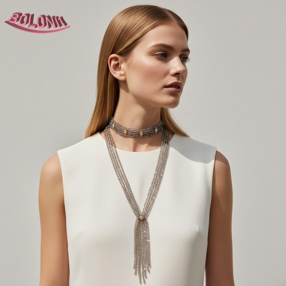 BO 2 ชิ้นลูกปัดสร้อยคอ Choker, 2 ชั้นพู่ซ้อนลูกปัดสร้อยคอ, Elegant Handmade เครื่องประดับอเนกประสงค์