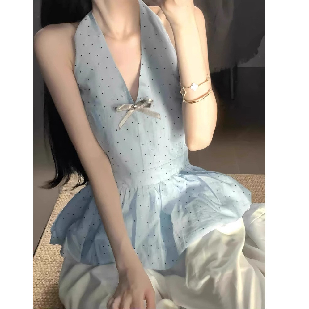 เสื้อกั๊กผู้หญิง 1.15 French Bow Polka Dot Halterneck Crop Top การออกแบบทันสมัยและเรียบหรู สวมใส่ง่า
