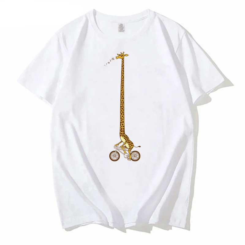 ผู้หญิงเสื้อยืดน่ารักขี่ยีราฟ เสื้อยืดยาวขี่ยีราฟคลาสสิก เสื้อยืดพิมพ์ลาย เสื้อผู้หญิงแนวสตรีท