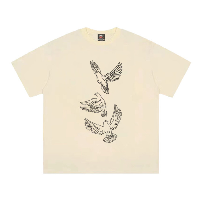 COD [/แนะนํา] Heavy 230g เส้นด้ายคู่ผ้าฝ้ายแท้หวีแน่นสามนกสีดําพิมพ์เสื้อยืดแขนสั้นผู้หญิง 2026 MW0Z