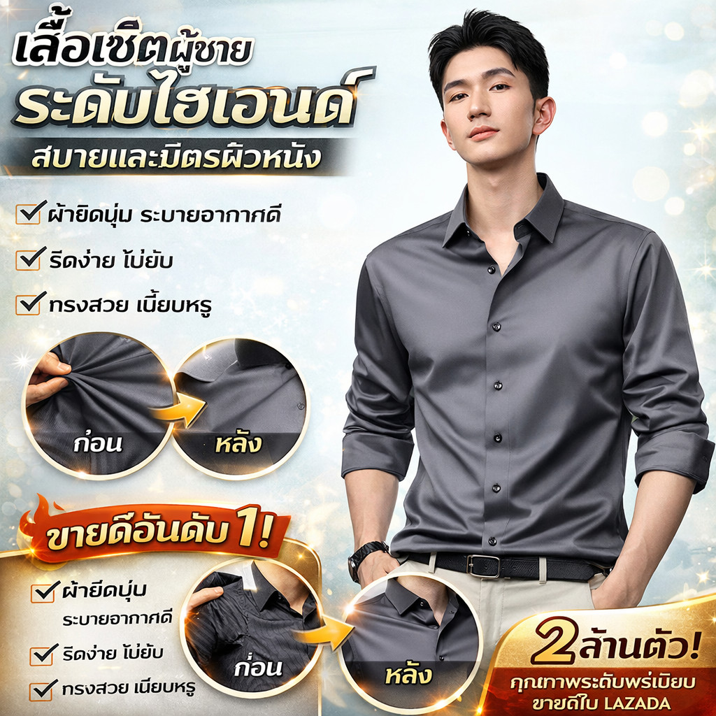 [ผ้าไหมน้ำแข็งระบายอากาศเย็นสบาย] เสื้อเชิ้ตผู้ชายผ้าไหมน้ำแข็ง รู้สึกเย็นสบายเมื่อสัมผัส ระบายอากาศดี ใส่ในหน้าร้อนไม่ร้อน