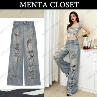 MentaCloset รุ่นใหม่กางเกงยีนส์ขาด ดีไซน์เอวสูง สไตล์ถนนแฟชั…