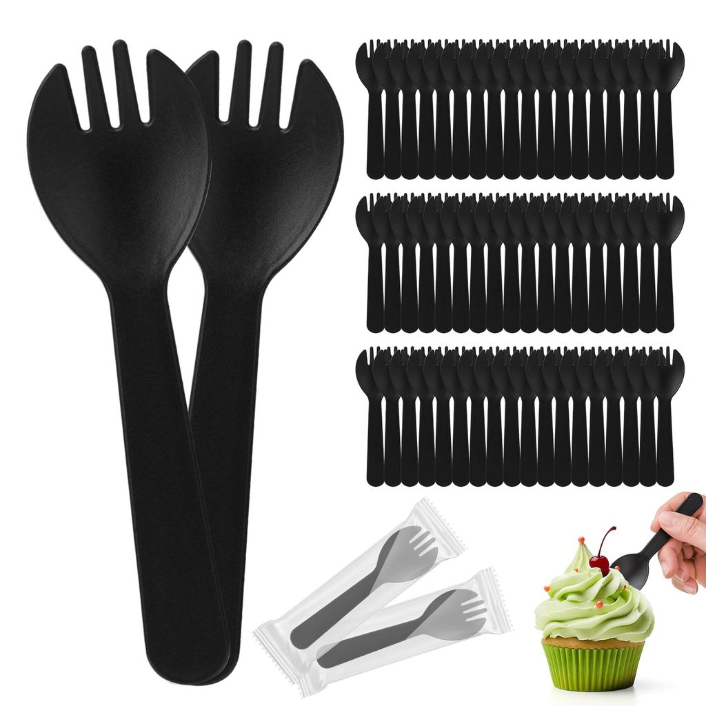 ช้อนส้อมทิ้ง 100 ชิ้น Spork ขนาดเล็กห่อเครื่องช้อนส้อมแบบกะทัดรัดสำหรับเค้กขนมขนมบาร์ปาร์ตี้
