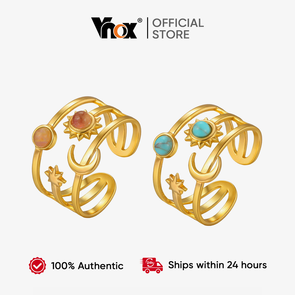 Vnox Turquoise Crystal Star Moon แหวนเปิดสามชั้นสําหรับผู้หญิงสาว,แหวนสแตนเลสทอง 18K
