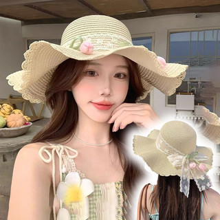 หมวกฟางลูกไม้  หมวก หมวกผู้หญิง หมวกฟาส หมวกฟาง  ป้องกันรังสียูวี ปีกกว้าง แฟชั่น สำหรับวันหยุดชายหาด