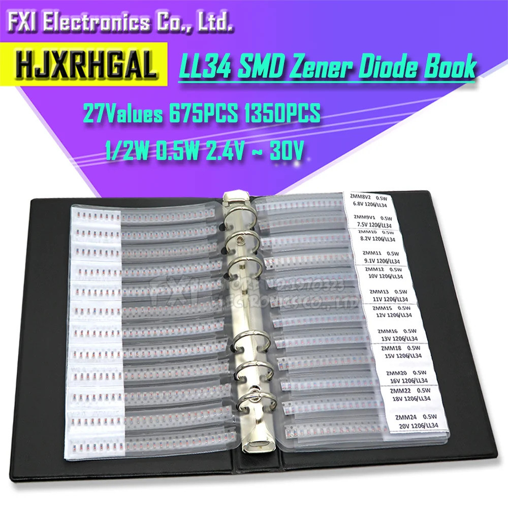 27 ค่า 675/1350PCS LL34 SMD Zener Diode Book 1/2W 2.4v ~ 30v Package Assorted Kit 0.5W ตัวอย่างหนังส