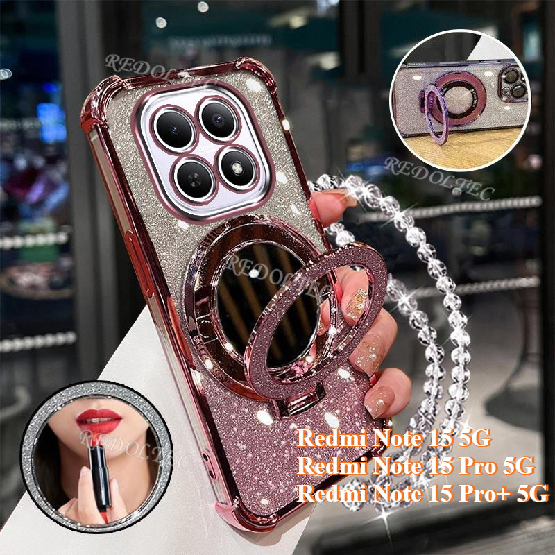 เคส Redim Note 15 15Pro Note 15 Pro + 5G New Gradient Glitter Casing With Mirror Makeup Magnetic Stand Holder Redmi Note 15 Pro Plus Lens Protector With Lanyard Bracket Cover