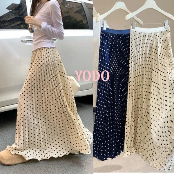 YODO กระโปรงจีบลายจุดยาวขึ้น กระโปรงเอวสูงพลิ้วสวยช่วยให้ดูเพรียว #2059