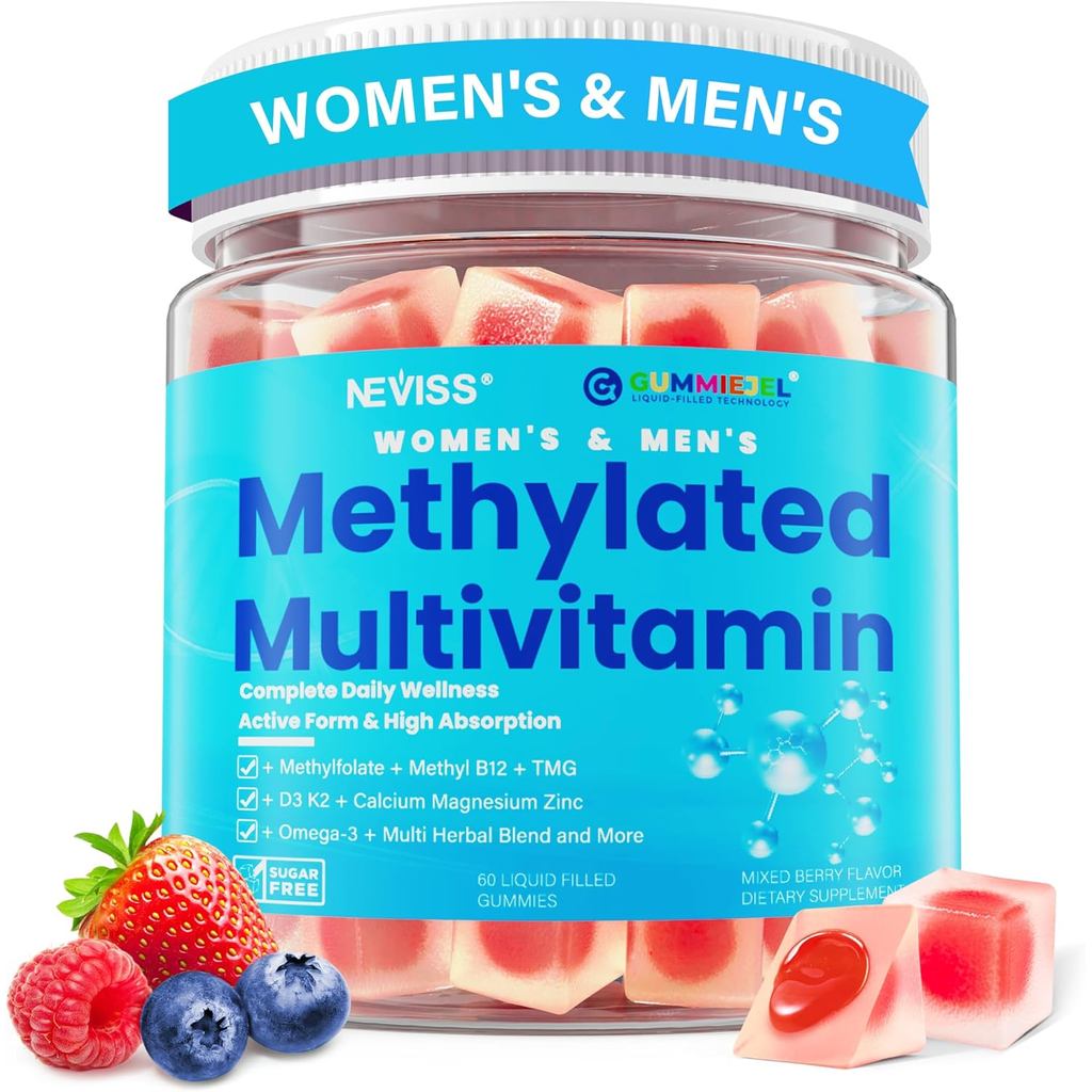 Methylated Multivitamin for Women & Men Gummies w/ Omega-3, Calcium, D3 K2, Methylfolate & B12, TMG,