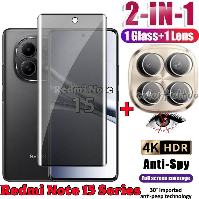Redmi Note15 2026 Anti Peek ความเป็นส่วนตัวกระจกนิรภัยสําหรับ Redmi หมายเหตุ 15 ProPlus 15Pro + Note15 Note15Pro 4G 5G โค้ง Full Anti-Spy กระจกส่วนตัวป้องกันหน้าจอกล้องเลนส์ฟิล์ม