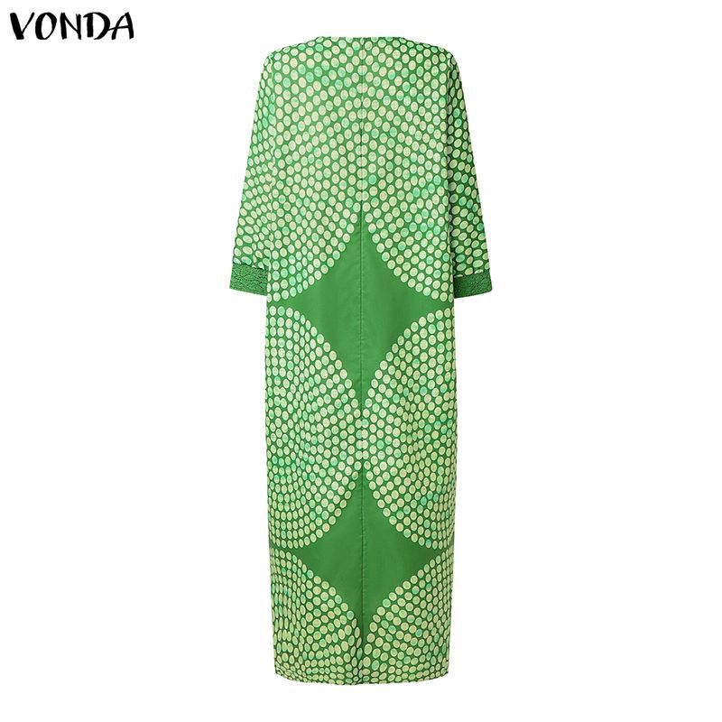 VONDA ชุดเดรสแม็กซีทรงหลวมสำหรับผู้หญิง สไตล์วินเทจพริ้นท์ดอต คอวีแขนยาว — صورة 8