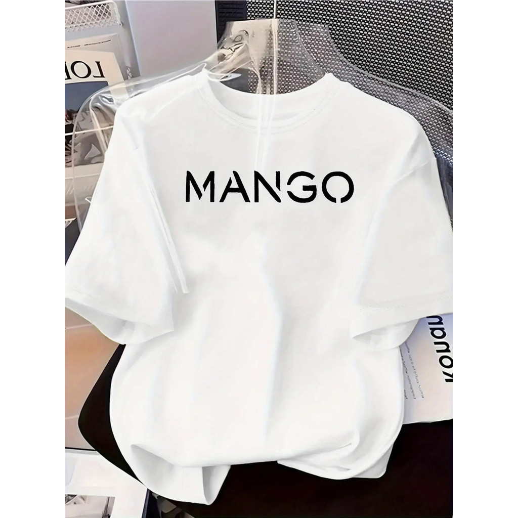 ท็อปเสื้อยืดแขนสั้นพิมพ์กราฟิก MANGO สำหรับผู้หญิง - สีดำพร้อมตัวอักษรสีขาว, เสื้อคอกลมแบบสบาย