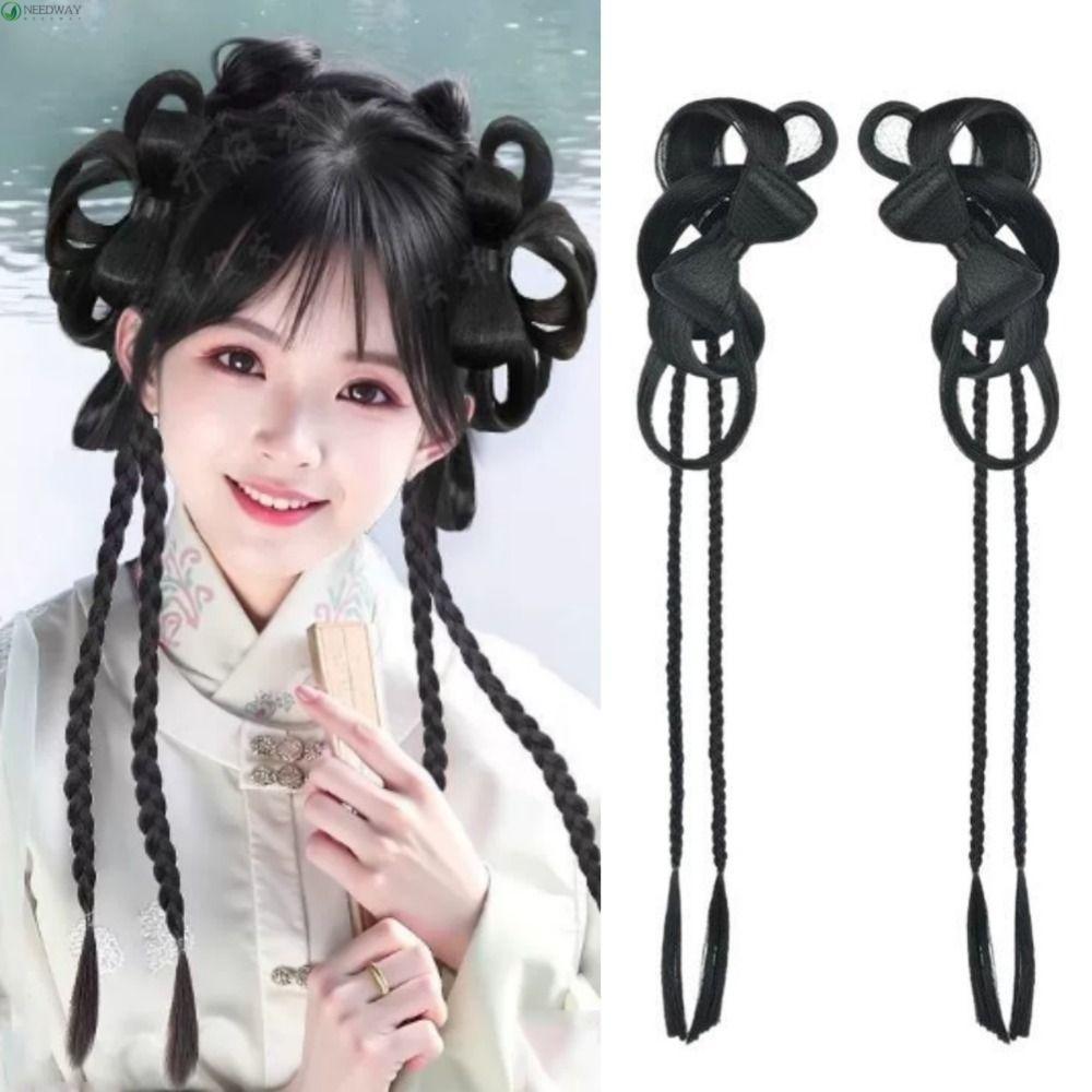 NEEDWAY Bow Bun วิกผมหางม้าคู่จีน Hanfu Twist Braid, Retro ผมธรรมชาติ, Hairpiece Band Pony Tail สําหรับผู้หญิง