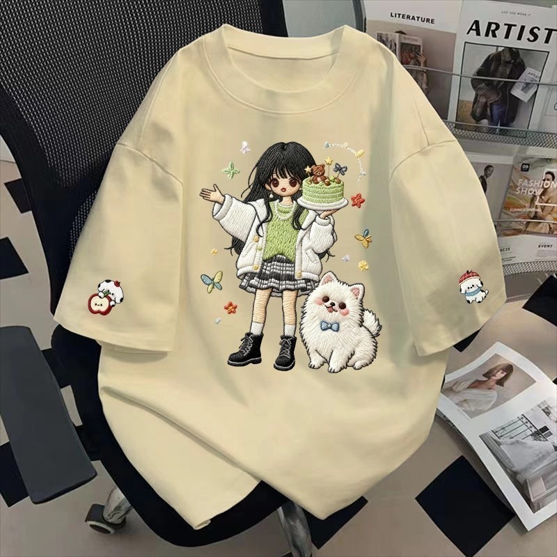 🌷ChillTee🌷สื้อยืด oversize เสื้อแฟชั่น เกาหลี โคตรนุ่ม ผ้าคอตตอน ลาย "Cake Girl Dog" สินค้าใหม่ เสื้อน่ารั【COD】