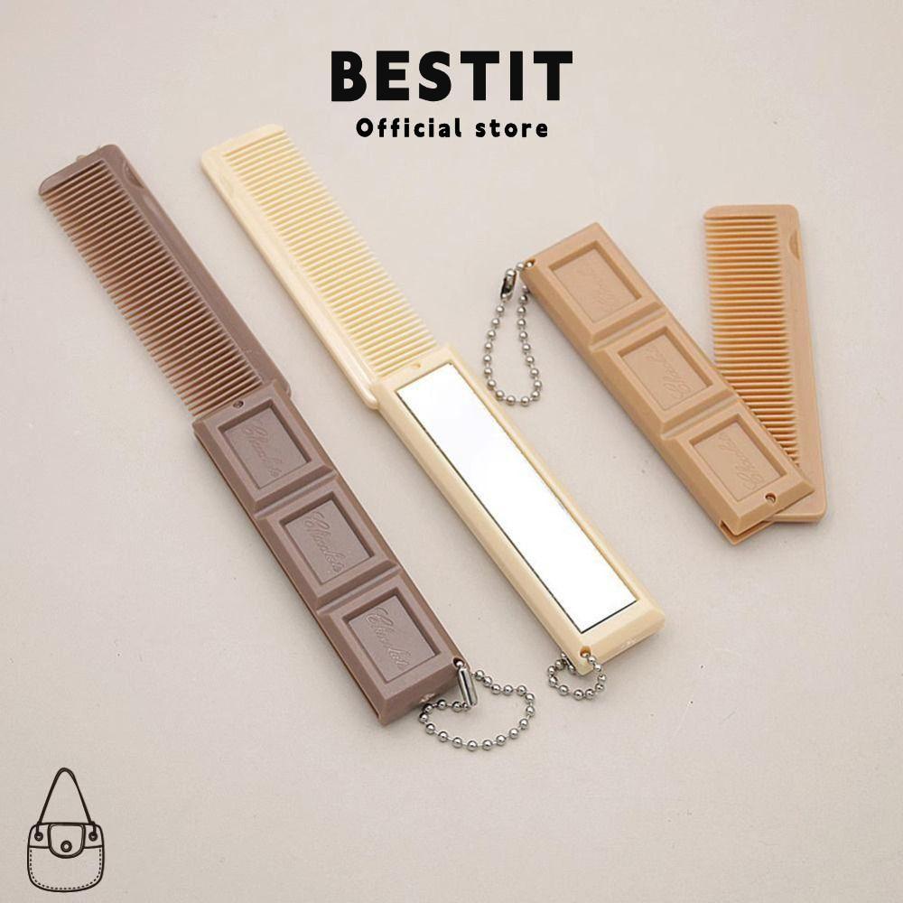 BESTIT หวีพับ รูปทรงช็อคโกแลตพร้อมหวีผมกระจก สร้างสรรค์มินิ 2-in-1 พวงกุญแจแบบพกพาของขวัญ