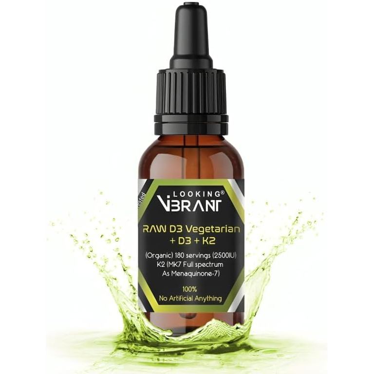 LOOKINGVIBRANT Vitamin D3 + K2 (MK-7) Liquid Drops with MCT Oil & O Oil - มังสวิรัติ ไม่ใช่จีเอ็มโอ 