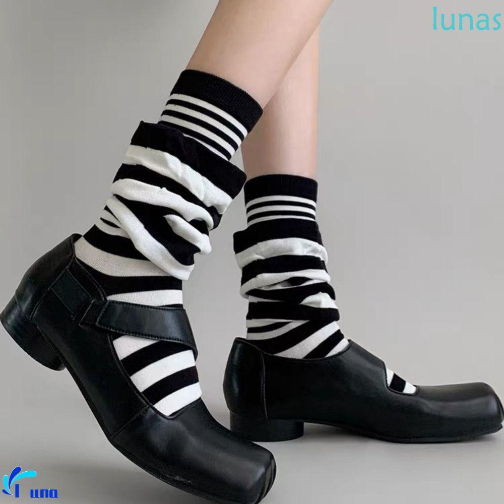 LUNASOL 4 คู่ถุงเท้ากองลาย, Warm Loose Ruffle Stripe Stocking, หนาสบาย Elastic Patchwork ผู้หญิงขาอุ