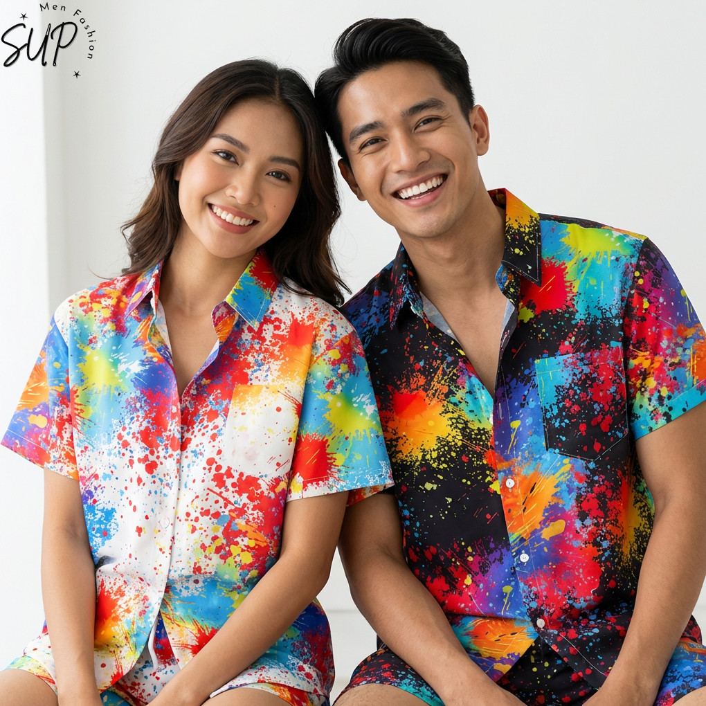 ชุดเสื้อฮาวายและกางเกงขาสั้น แห้งไว เหมาะสำหรับชายหาดและสงกรานต์ พร้อมไซส์ M-5XL