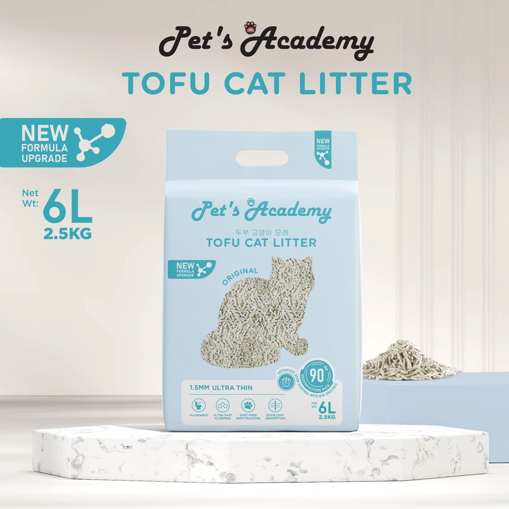 PETS ACADEMY ทรายแมวเต้าหู้ (นม) 6L / 2.5kg / 1.5mm Natural Flushable, Fast Clumping Pasir Kucing To