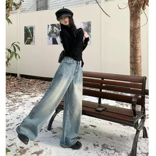 Anni ไซซ์ S-3XL กางเกงยีนส์ สไตล์เกาหลี แนววินเทจ เท้ากว้าง สวยๆเก๋ๆ Clothing Jean Lady ผู้หญิง