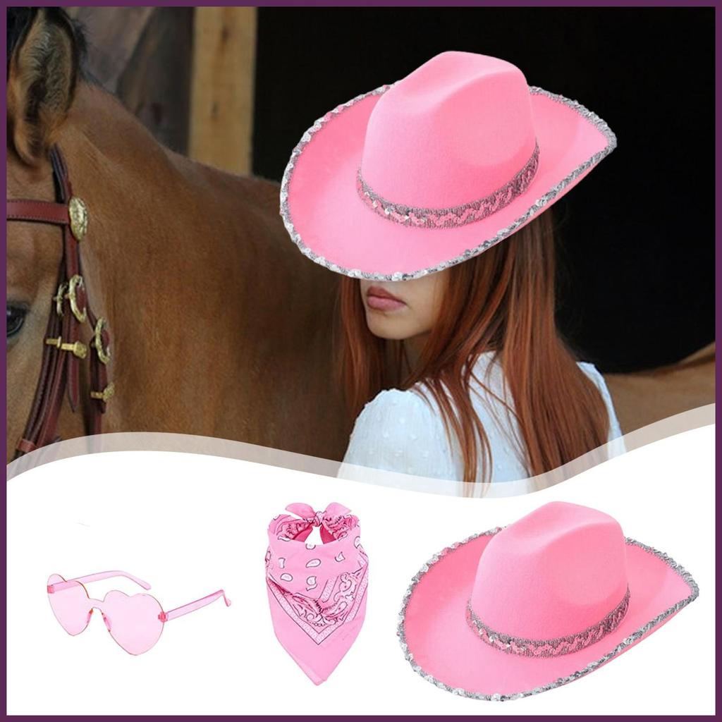 Sparkly Cowgirl หมวกเครื่องแต่งกาย Dress Up หมวกแฟชั่นหมวกผ้าพันคอและแว่นตาสําหรับ Gathering Concert