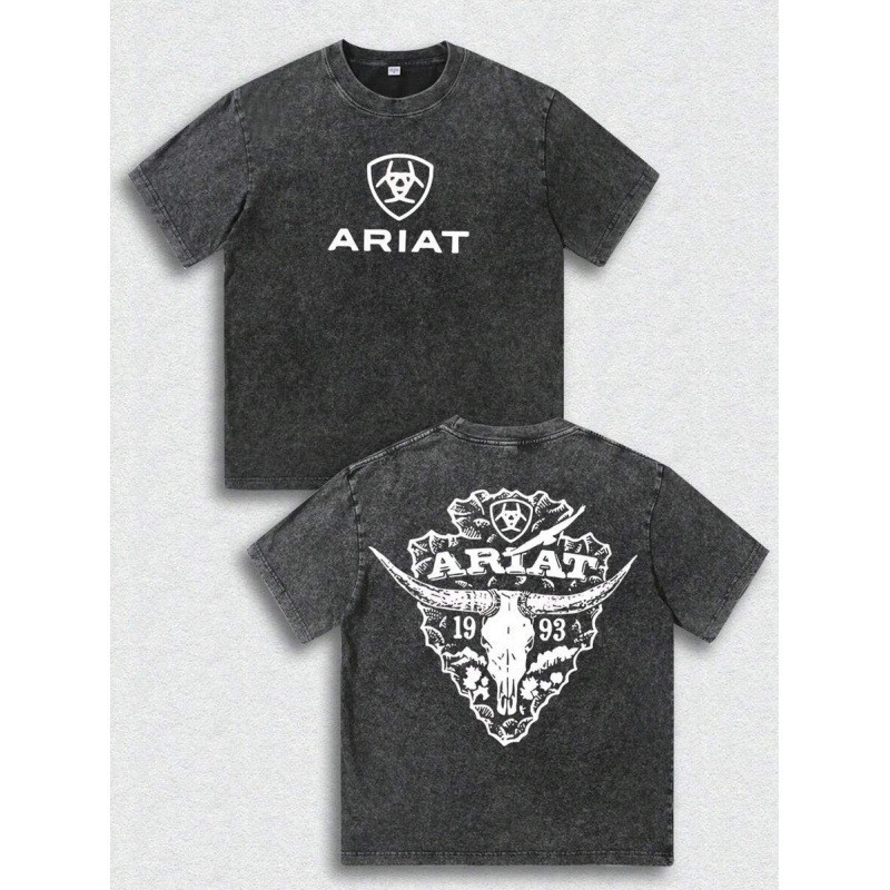 เสื้อยืดผู้ชายและผู้หญิง Ariat Western Bull วัสดุฝ้าย 230g แบบมีการซักแล้ว