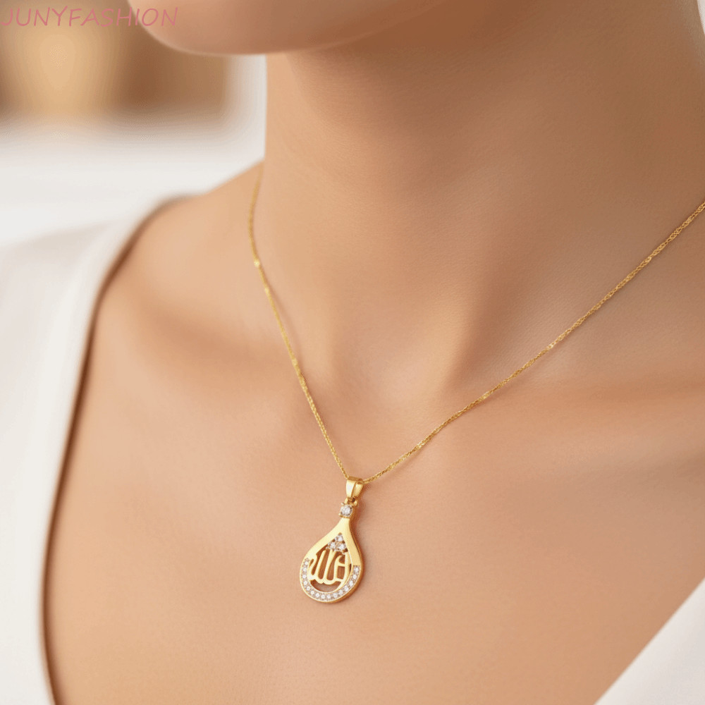 JUNYFASHION Allah จี้สร้อยคอ จี้ทรงหยดน้ํา สร้อยคออิสลาม ผู้หญิง โซ่สแตนเลส Faith สัญลักษณ์ Quran สร