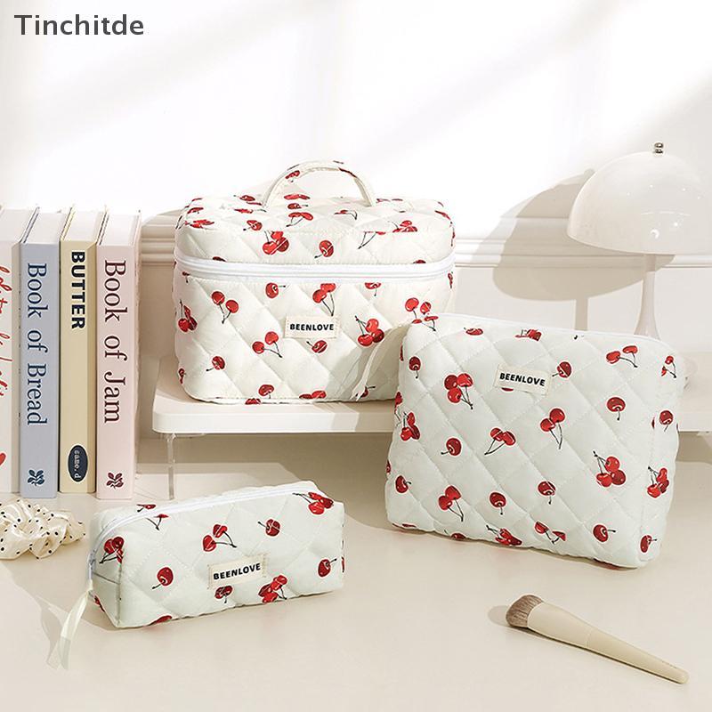 [Tinchitde] 1PC Cherry Printing Makeup Bag Quilted Makeup Bag Large Flower Makeup Bag Womens Cotton 