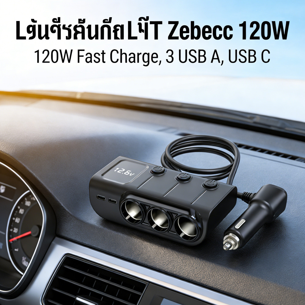 แบตในรถชาร์จไฟ 120W Zebecc พอร์ต C USB 3 พอร์ต 2 และ A พอร์ต USB
