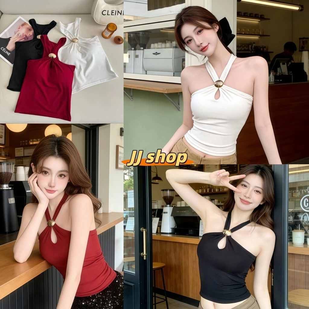 JJ Shop​💜พร้อมส่ง เสื้อแขนกุดแฟชั่นผู้หญิง สีพื้น ปล่อยไหล่ สายคล้องคอ ใส่สบาย ผ้า เซ็กซี่-FY2902#1