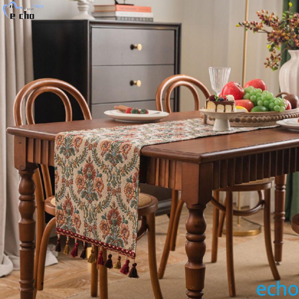 PIVOT Jacquard Table Runner, ผ้าปูโต๊ะหนาวินเทจ, ลายดอกไม้หรูหราพร้อมพู่ผ้าคลุมโต๊ะงานเลี้ยงอาหารค่ํ